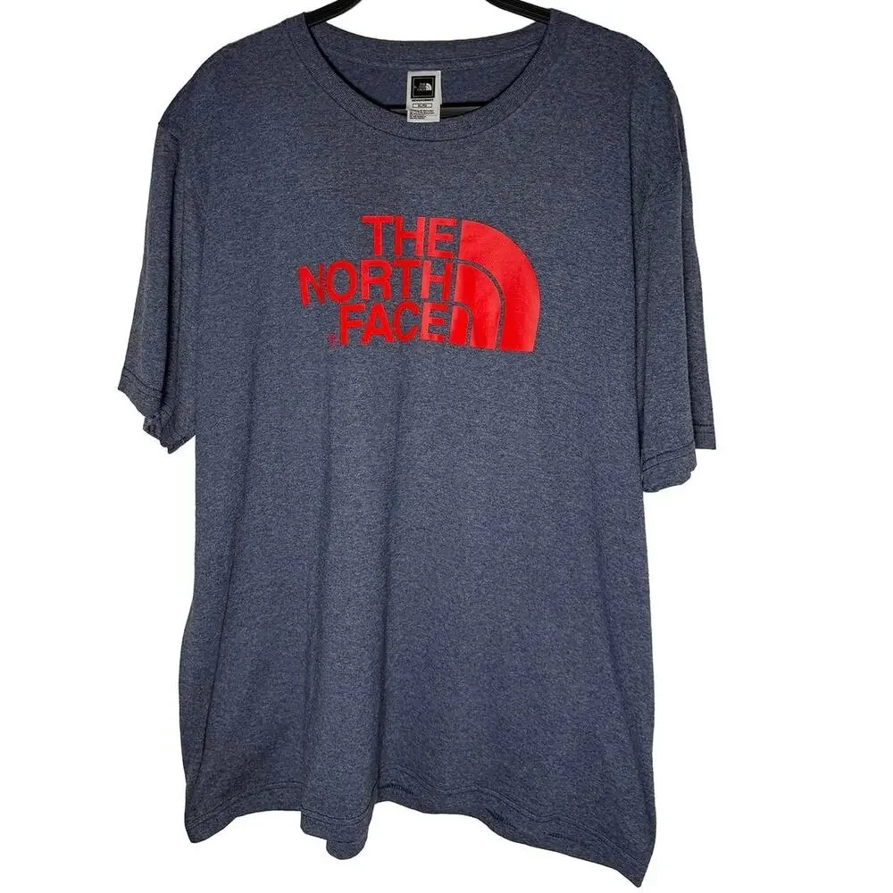 Men's The North Face Half Dome Logo T‎ Shirt Heathered Blue/Red Logo Casual NWOT
